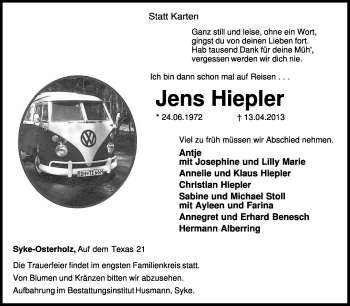 Traueranzeige von Jens Hiepler von KRZ