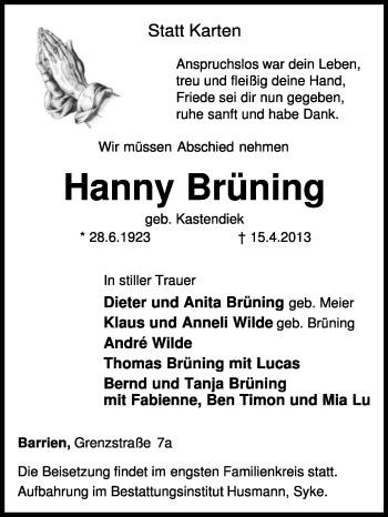 Traueranzeige von Hanny Brüning von KRZ