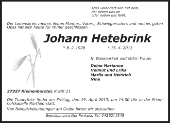 Traueranzeige von Johann Hetebrink von KRZ