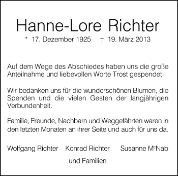 Traueranzeige von Hanne-Lore Richter von KRZ
