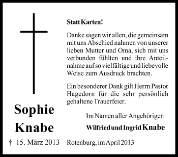 Traueranzeige von Sophie Knabe von KRZ