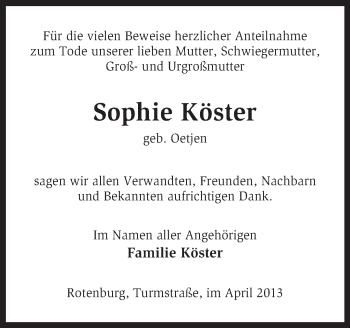 Traueranzeige von Sophie Köster von KRZ