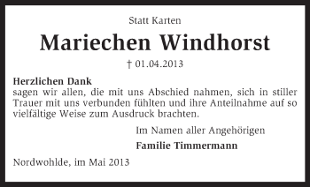 Traueranzeige von Mariechen Windhorst von KRZ