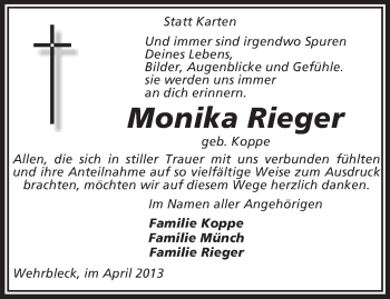 Traueranzeige von Monika Rieger von KRZ