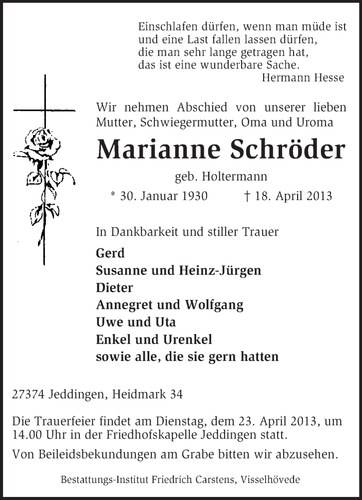  Traueranzeige für Marianne Schröder vom 20.04.2013 aus KRZ