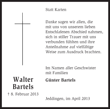 Traueranzeige von Walter Bartels von KRZ