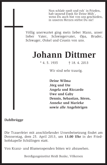 Traueranzeige von Johann Dittmer von KRZ