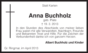 Traueranzeige von Anna Buchholz von KRZ