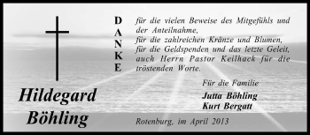Traueranzeige von Hildegard Böhling von KRZ