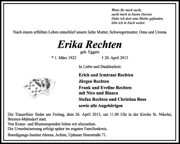 Traueranzeige von Erika Rechten von KRZ