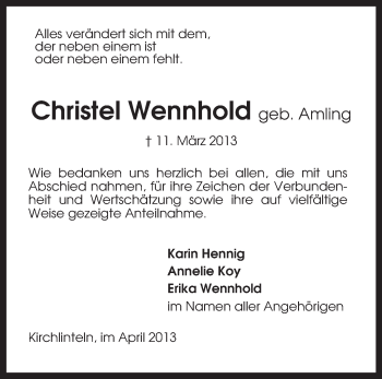 Traueranzeige von Christel Wennhold von KRZ