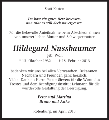 Traueranzeige von Hildegard Nussbaumer von KRZ