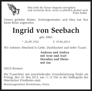 Traueranzeige von Ingrid von Seebach von KRZ