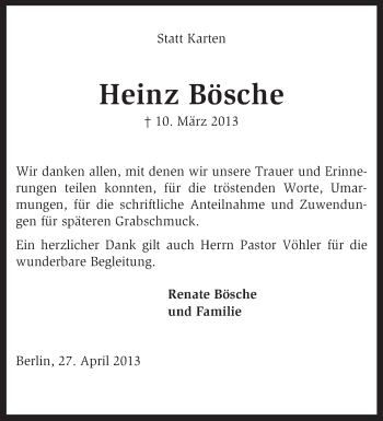 Traueranzeige von Heinz Bösche von KRZ