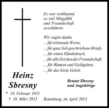 Traueranzeige von Heinz Sbresny von KRZ