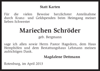 Traueranzeige von Mariechen Schröder von KRZ