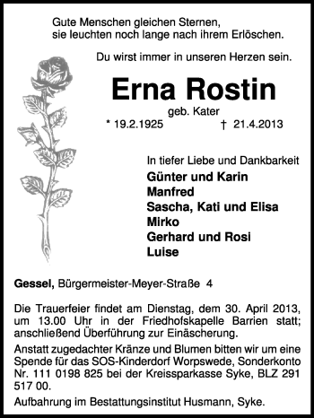 Traueranzeige von Erna Rostin von KRZ