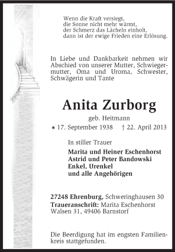 Traueranzeige von Anita Zurborg von KRZ