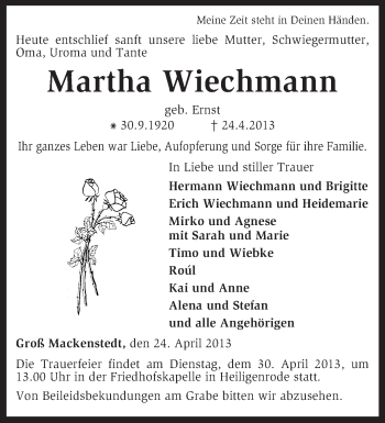 Traueranzeige von Martha Wiechmann von KRZ