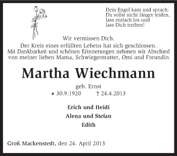 Traueranzeige von Martha Wiechmann von KRZ