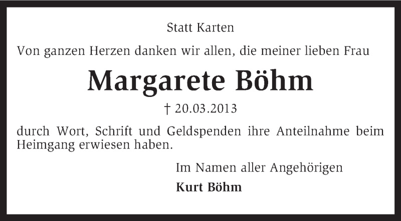  Traueranzeige für Margarete Böhm vom 27.04.2013 aus KRZ