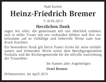 Traueranzeige von Heinz-Friedrich Bremer von KRZ