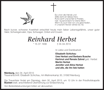 Traueranzeige von Reinhard Herbst von KRZ