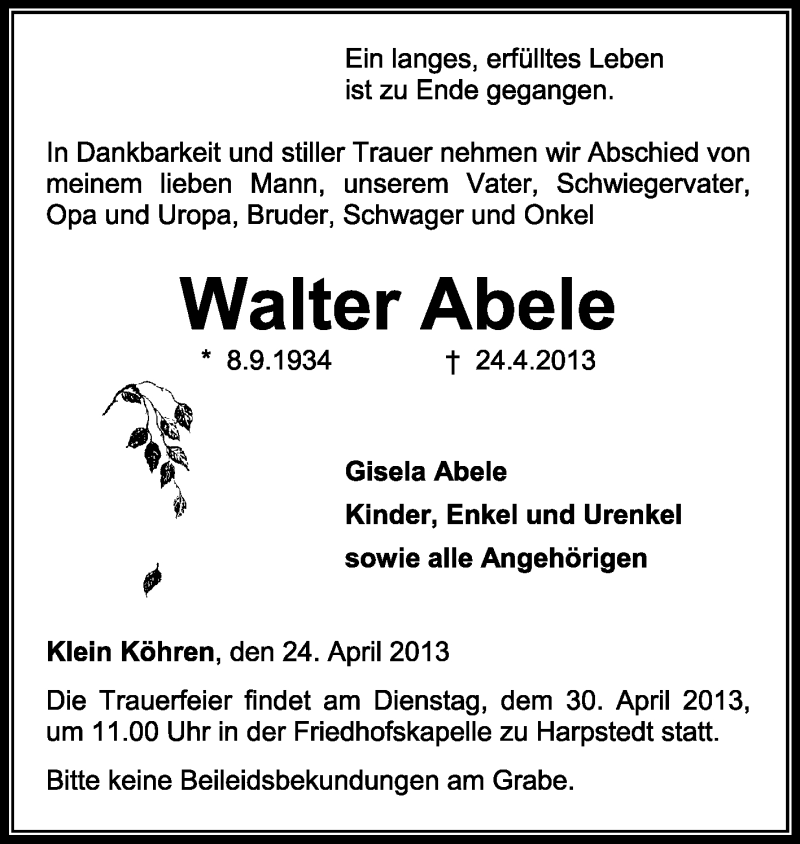  Traueranzeige für Walter Abele vom 26.04.2013 aus KRZ