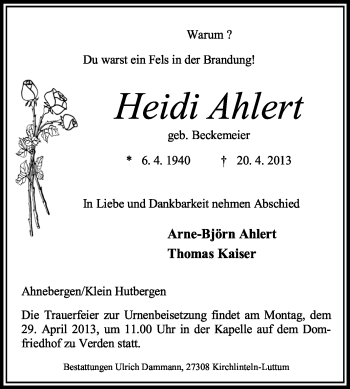 Traueranzeige von Heidi Ahlert von KRZ