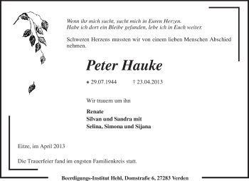 Traueranzeige von Peter Hauke von KRZ