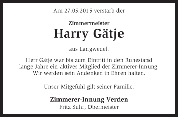 Traueranzeige von Harry Gätje von KRZ