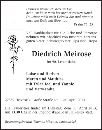 Traueranzeige von Diedrich Meirose von KRZ