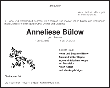 Traueranzeige von Anneliese Bülow von KRZ