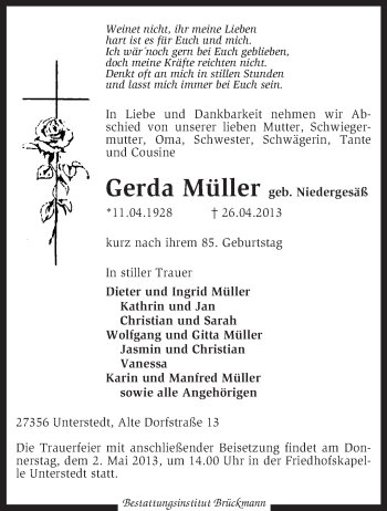 Traueranzeige von Gerda Müller von KRZ