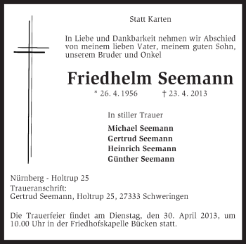 Traueranzeige von Friedhelm Seemann von KRZ