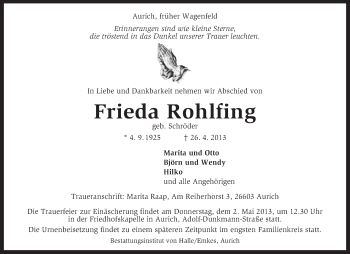 Traueranzeige von Frieda Rohlfing von KRZ