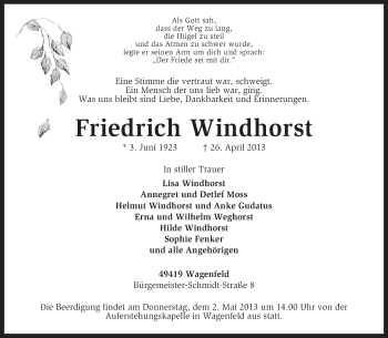 Traueranzeige von Friedrich Windhorst von KRZ