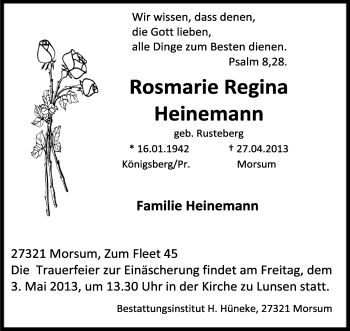 Traueranzeige von Rosemarie Regina Heinemann von KRZ