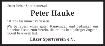 Traueranzeige von Peter Hauke von KRZ