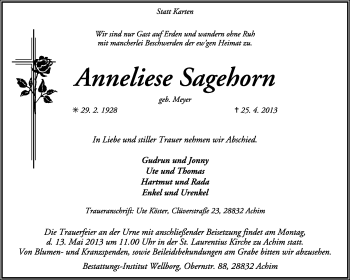 Traueranzeige von Anneliese Sagehorn von KRZ