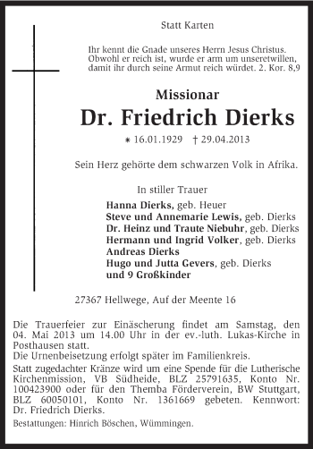 Traueranzeige von Friedrich Dierks von KRZ