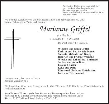 Traueranzeige von Marianne Griffel von KRZ