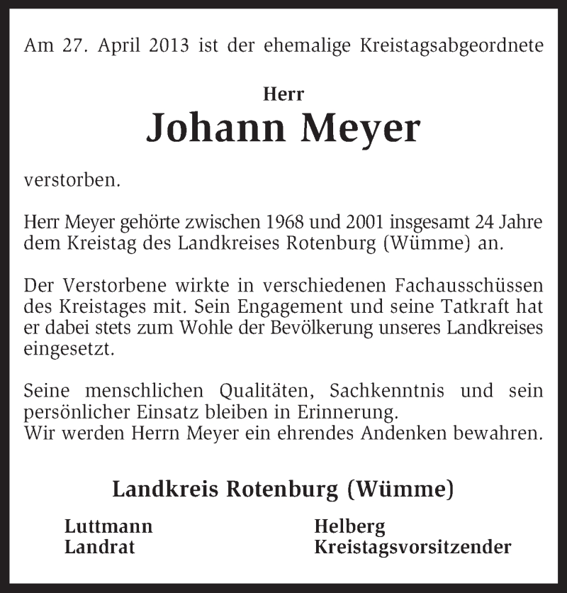  Traueranzeige für Johann Meyer vom 02.05.2013 aus KRZ