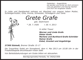 Traueranzeige von Grete Grafe von KRZ