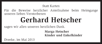 Traueranzeige von Gerhard Hetscher von KRZ