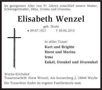 Traueranzeige von Elisabeth Wenzel von KRZ