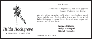 Traueranzeige von Hilda Hochgreve von KRZ