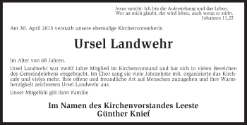 Traueranzeige von Ursel Landwehr von KRZ