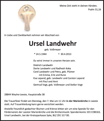 Traueranzeige von Urse Landwehr von KRZ