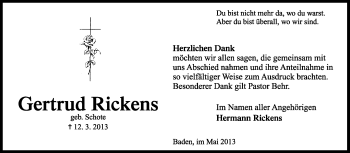 Traueranzeige von Gertrud Rickens von KRZ